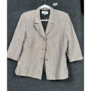 Le Suit Linen Blazer Jacket Womens 16 Brown Houndstooth Pattern 3 Button Career